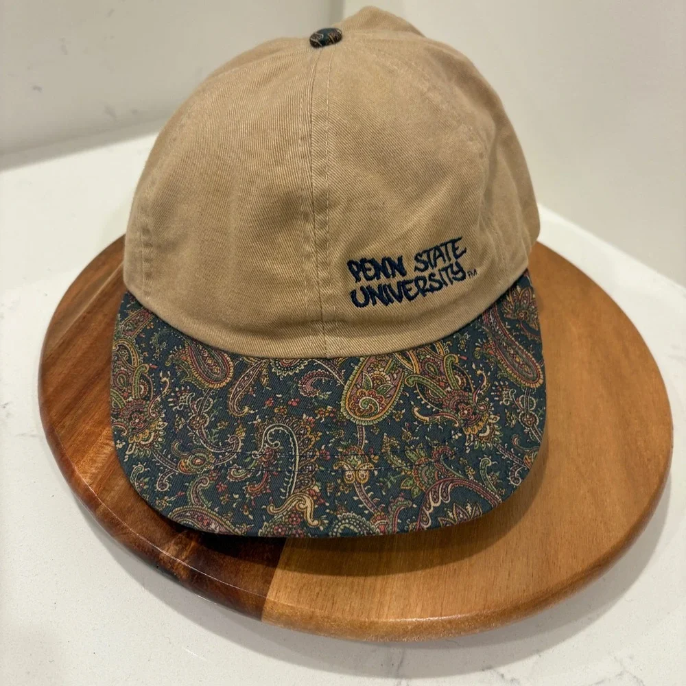 Vintage Penn State Hat Mens OSFA Tan Paisley Brim College Football VTG 90s